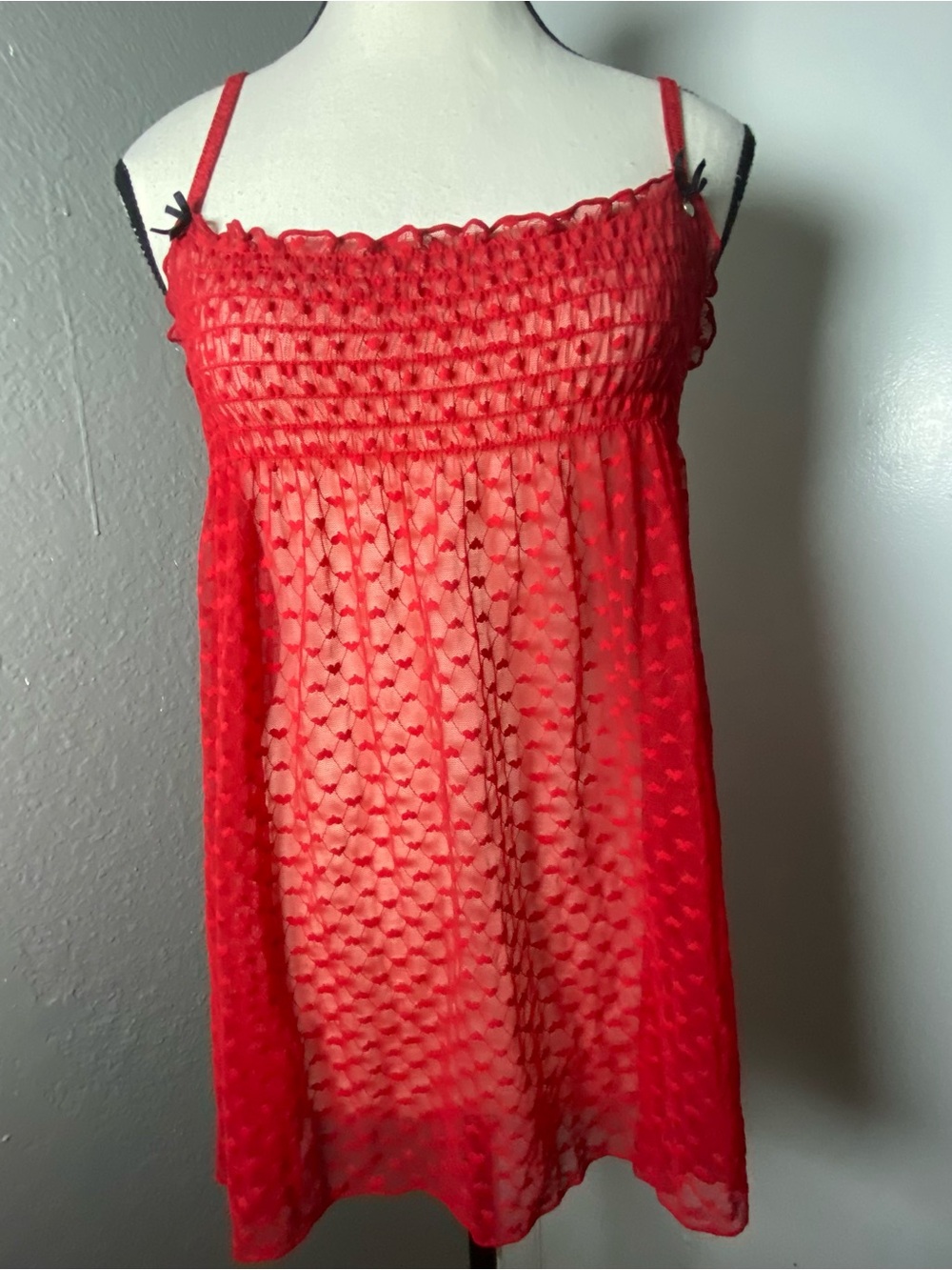 Y2K Red Heart Mesh Smocked Chemise Size large